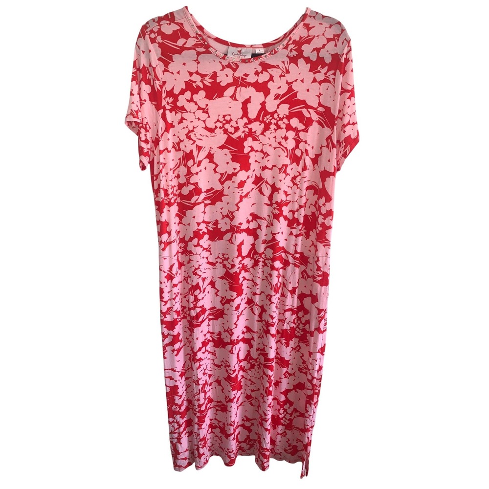 Quacker Factory Floralicious Short Sleeve Dressl Rhinestone Neck Midi T-Shirt  L